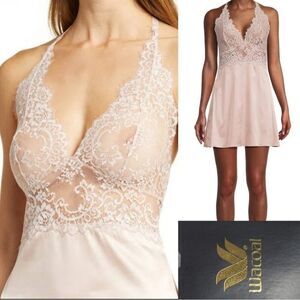 $129 NEW WACOAL STRETCH LACE SATIN BLUSH NUDE TAN CHEMISE SLIP DRESS GOWN NWT